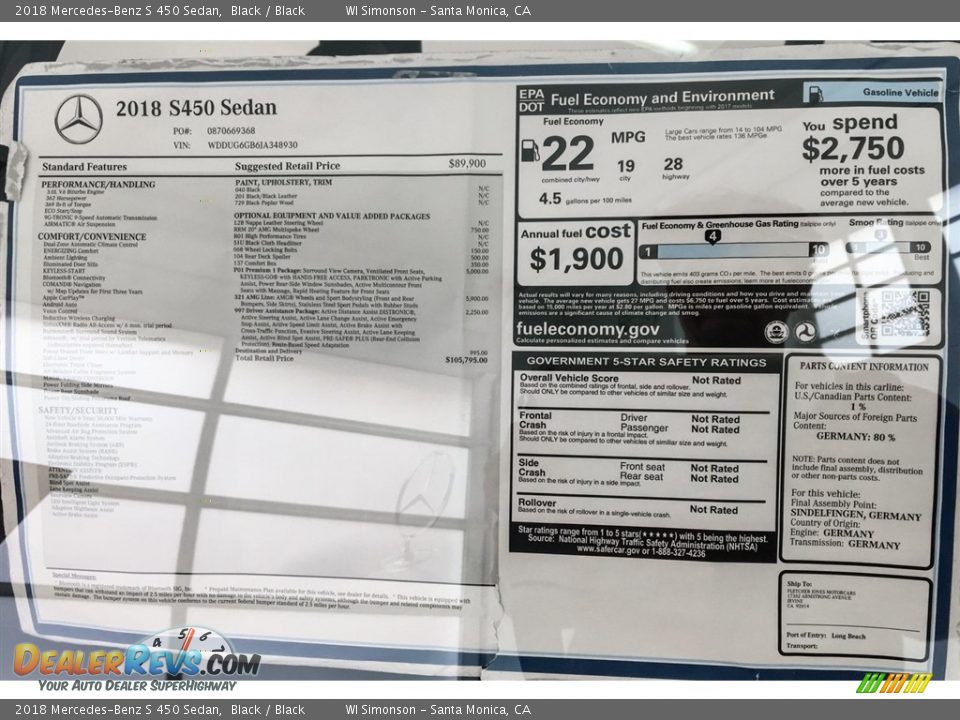 2018 Mercedes-Benz S 450 Sedan Black / Black Photo #10