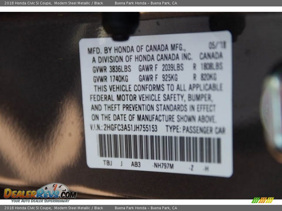 2018 Honda Civic Si Coupe Modern Steel Metallic / Black Photo #26