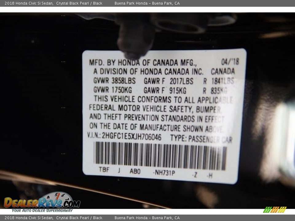 2018 Honda Civic Si Sedan Crystal Black Pearl / Black Photo #30