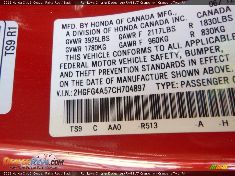 2012 Honda Civic Si Coupe Rallye Red / Black Photo #16