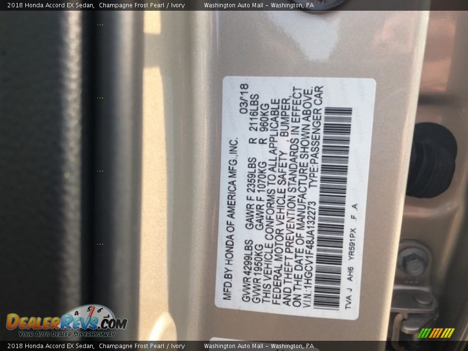 2018 Honda Accord EX Sedan Champagne Frost Pearl / Ivory Photo #27