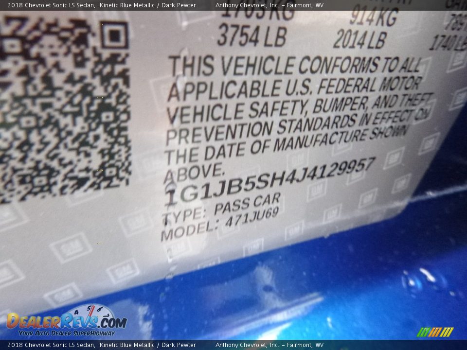 2018 Chevrolet Sonic LS Sedan Kinetic Blue Metallic / Dark Pewter Photo #16