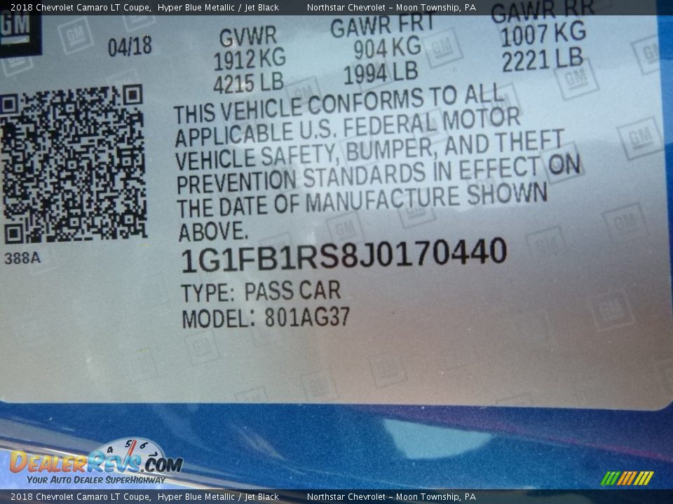 2018 Chevrolet Camaro LT Coupe Hyper Blue Metallic / Jet Black Photo #14