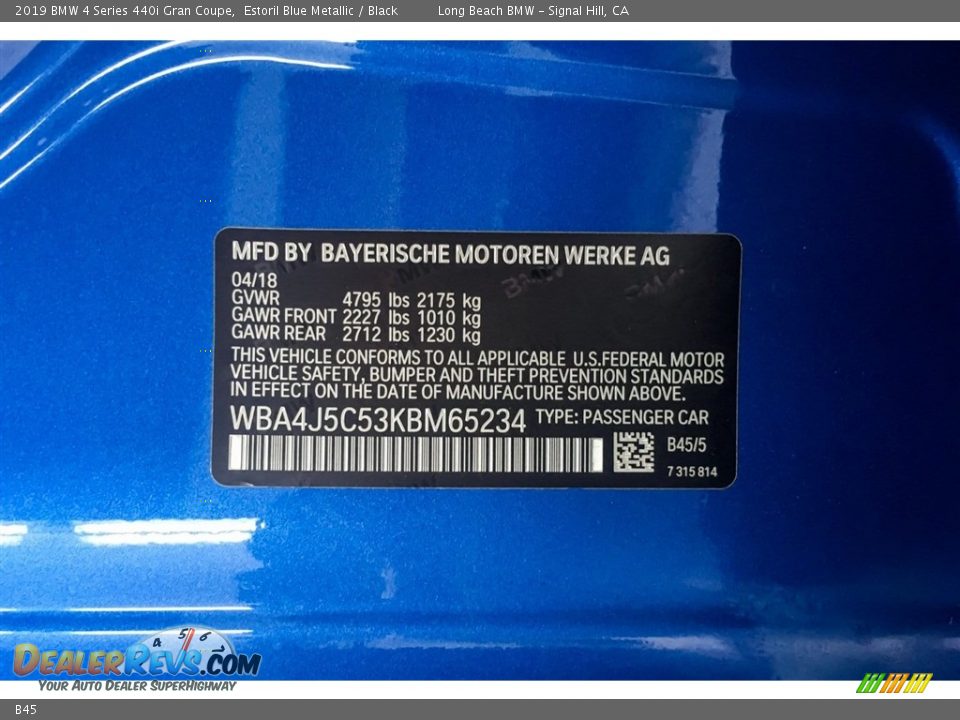 BMW Color Code B45 Estoril Blue Metallic