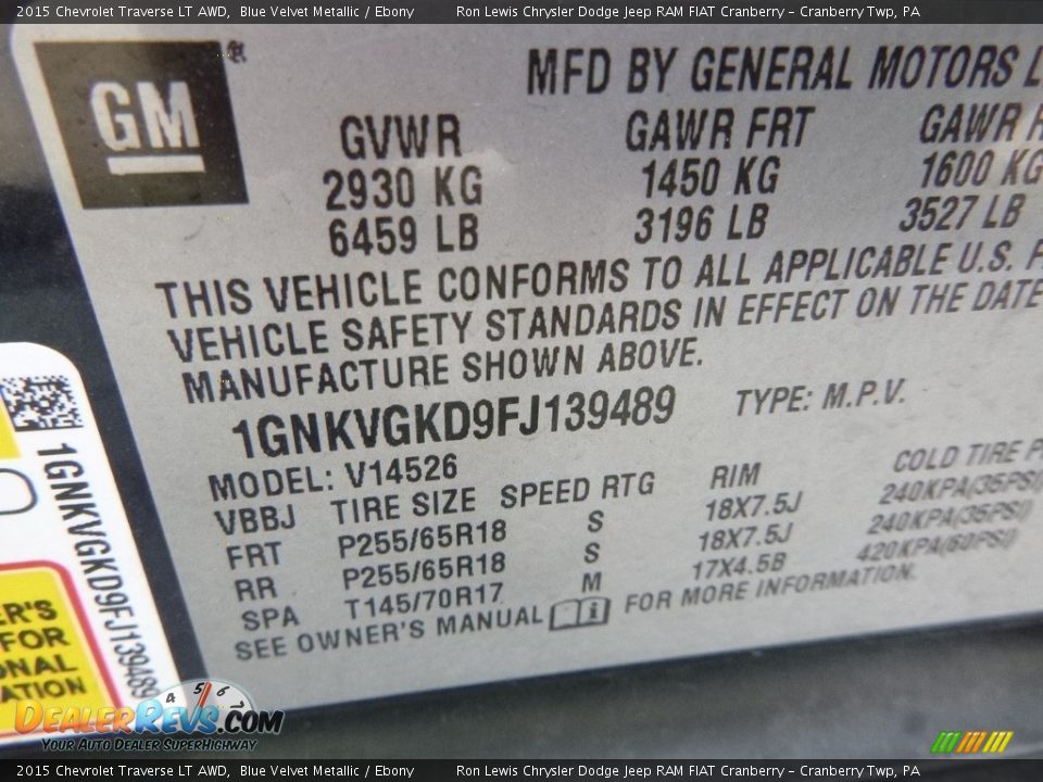 2015 Chevrolet Traverse LT AWD Blue Velvet Metallic / Ebony Photo #15