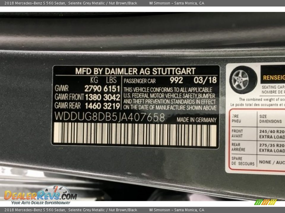 2018 Mercedes-Benz S 560 Sedan Selenite Grey Metallic / Nut Brown/Black Photo #11
