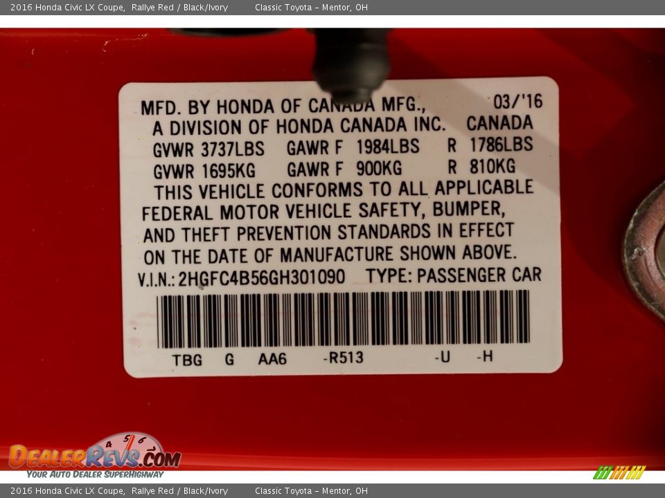 2016 Honda Civic LX Coupe Rallye Red / Black/Ivory Photo #18
