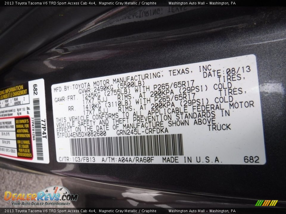 2013 Toyota Tacoma V6 TRD Sport Access Cab 4x4 Magnetic Gray Metallic / Graphite Photo #18