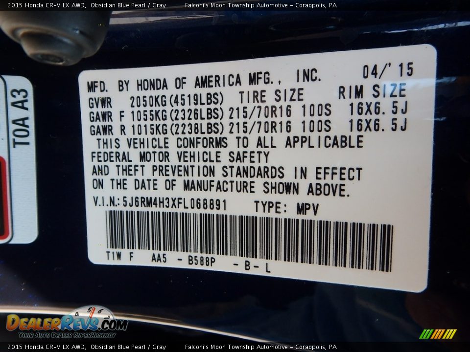 2015 Honda CR-V LX AWD Obsidian Blue Pearl / Gray Photo #23