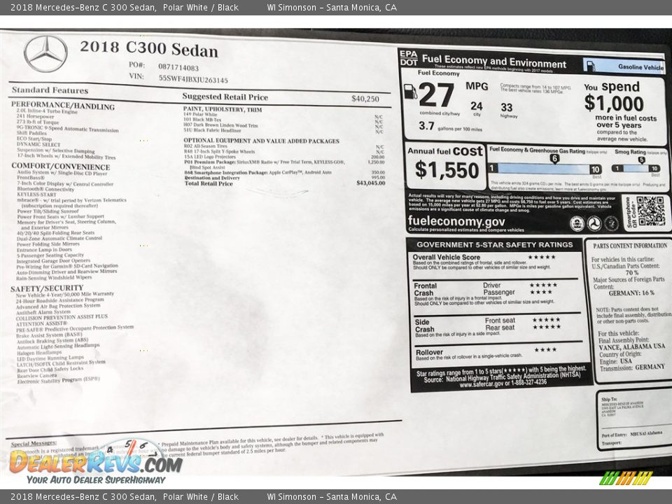 2018 Mercedes-Benz C 300 Sedan Polar White / Black Photo #10