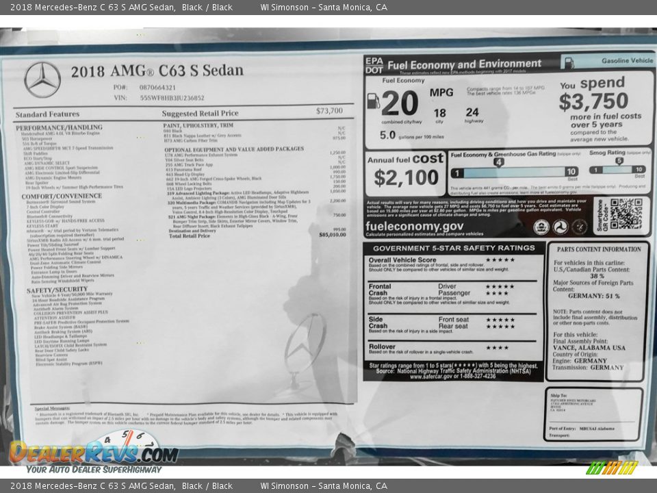 2018 Mercedes-Benz C 63 S AMG Sedan Window Sticker Photo #26
