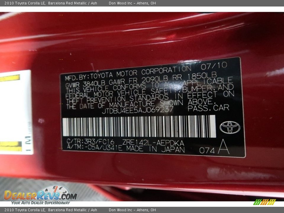 2010 Toyota Corolla LE Barcelona Red Metallic / Ash Photo #33