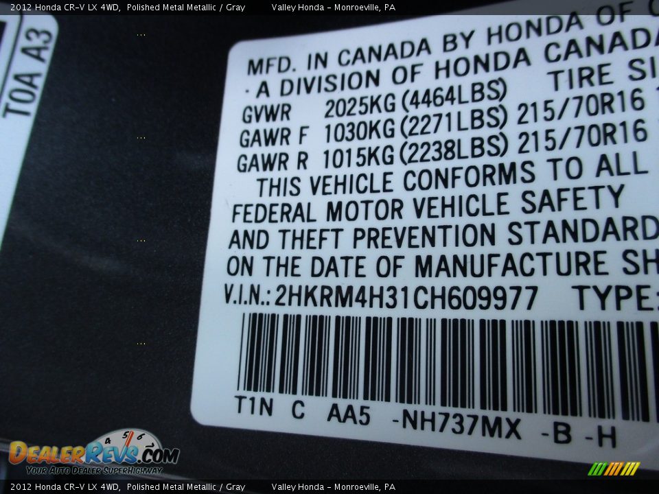 2012 Honda CR-V LX 4WD Polished Metal Metallic / Gray Photo #19