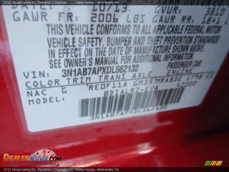 2013 Nissan Sentra SV Red Brick / Charcoal Photo #19