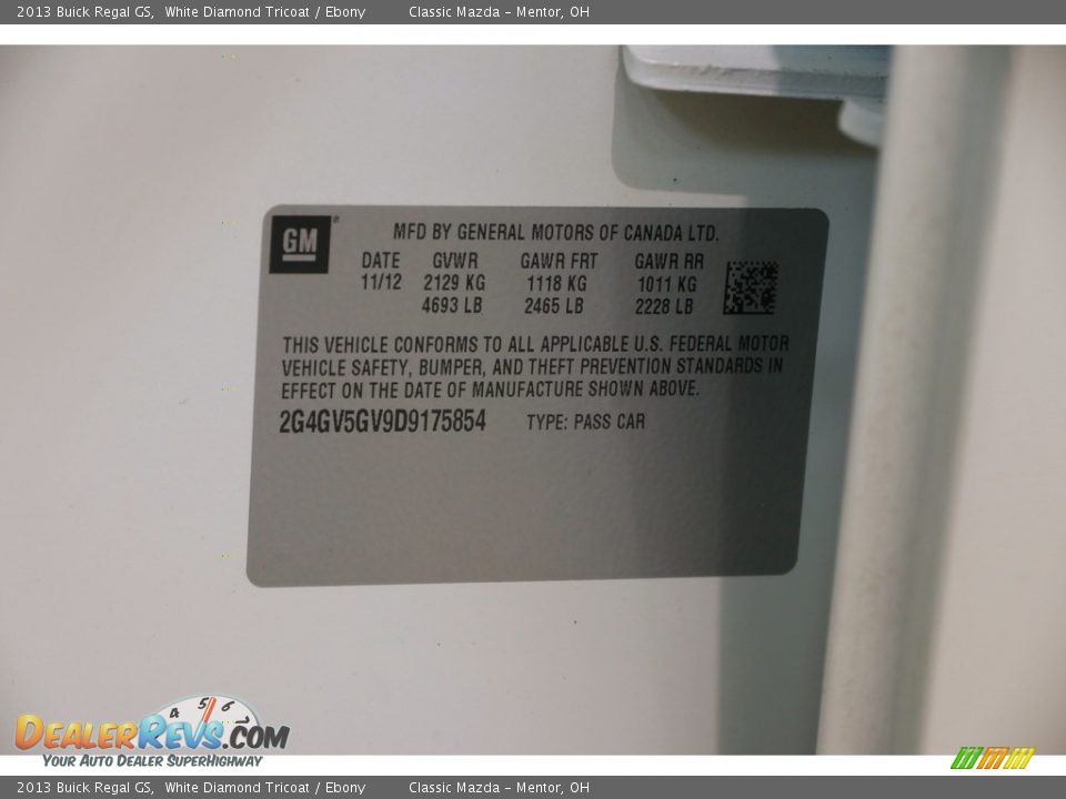 2013 Buick Regal GS White Diamond Tricoat / Ebony Photo #20