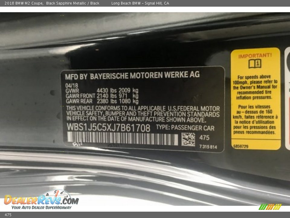 BMW Color Code 475 Black Sapphire Metallic