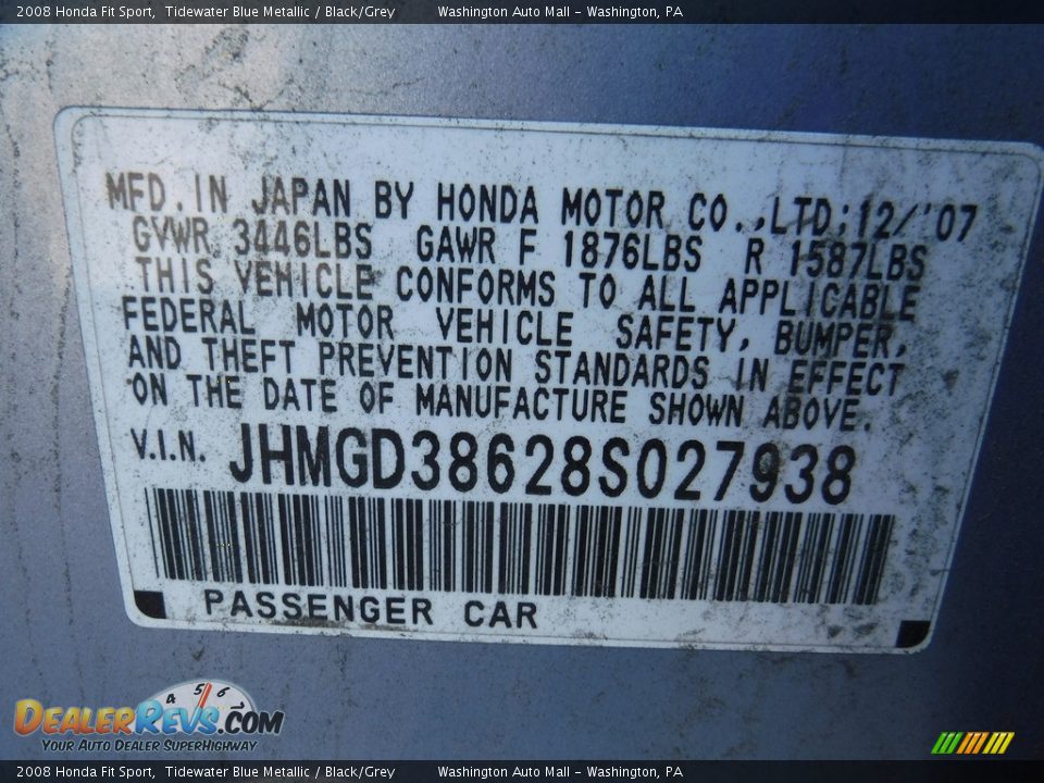 2008 Honda Fit Sport Tidewater Blue Metallic / Black/Grey Photo #19