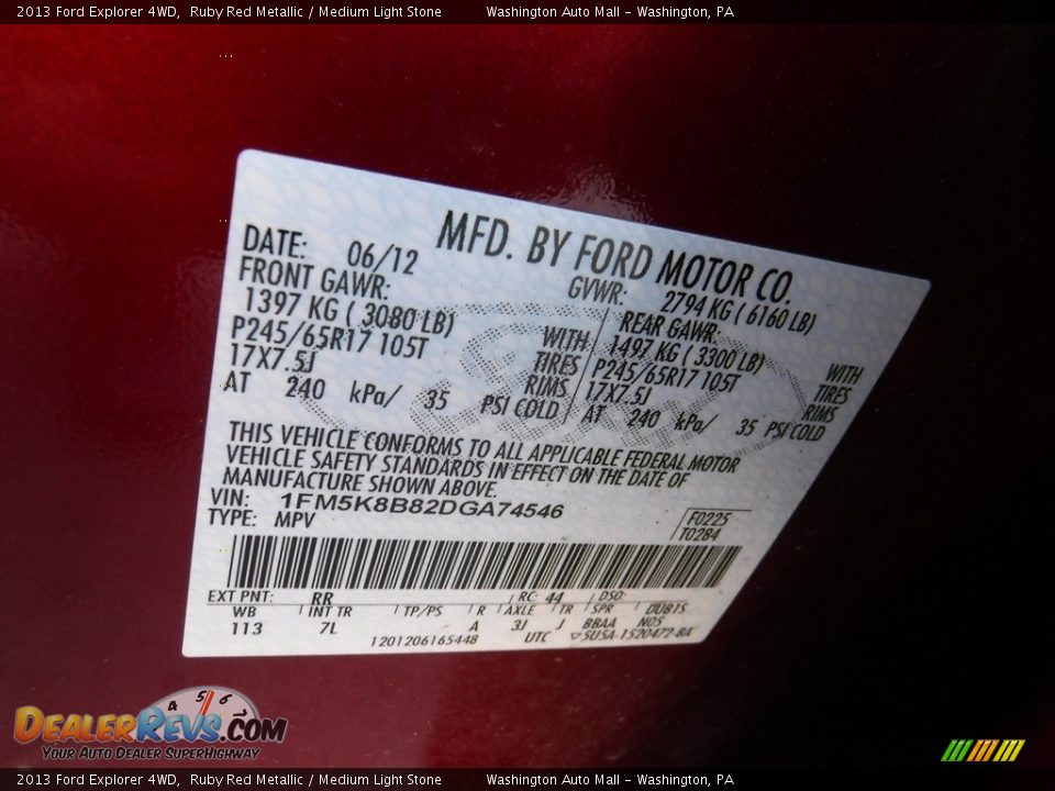 2013 Ford Explorer 4WD Ruby Red Metallic / Medium Light Stone Photo #24