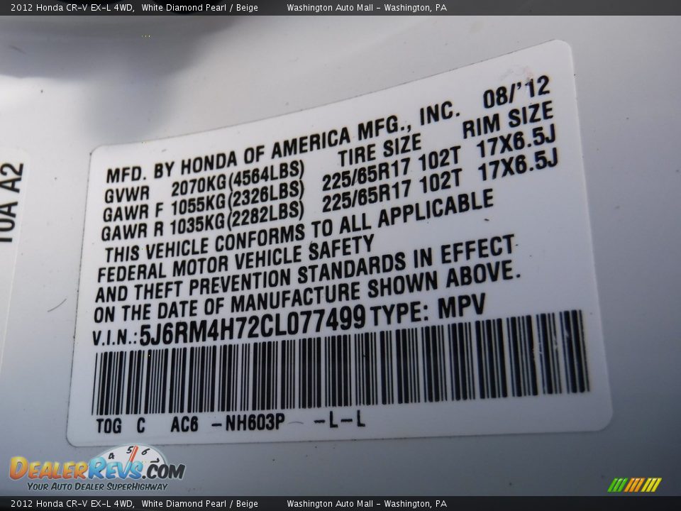 2012 Honda CR-V EX-L 4WD White Diamond Pearl / Beige Photo #27