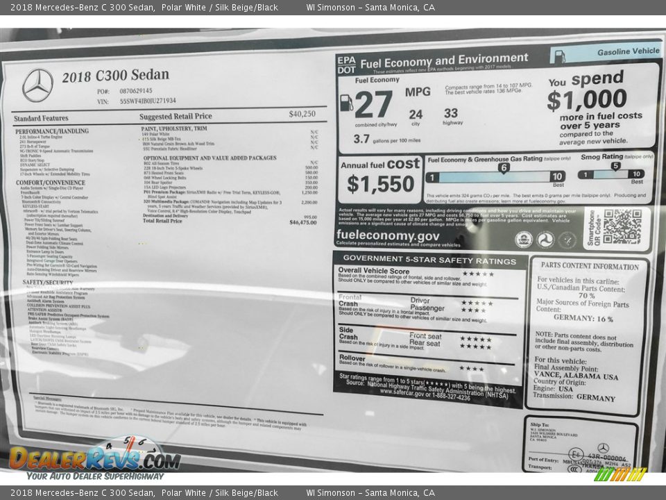 2018 Mercedes-Benz C 300 Sedan Polar White / Silk Beige/Black Photo #10