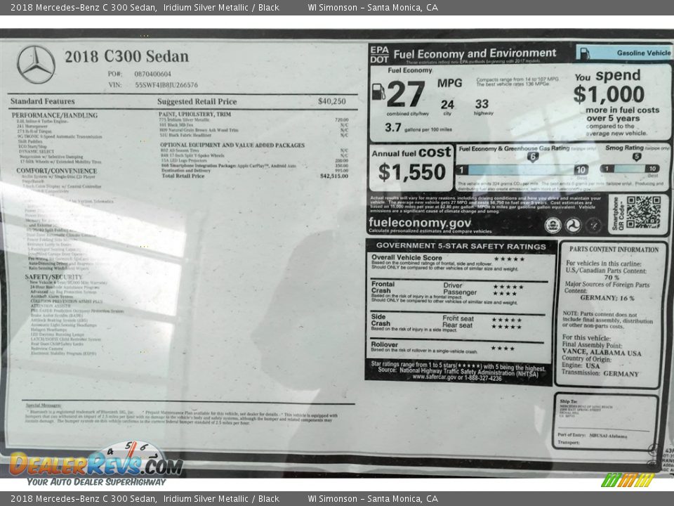 2018 Mercedes-Benz C 300 Sedan Iridium Silver Metallic / Black Photo #10