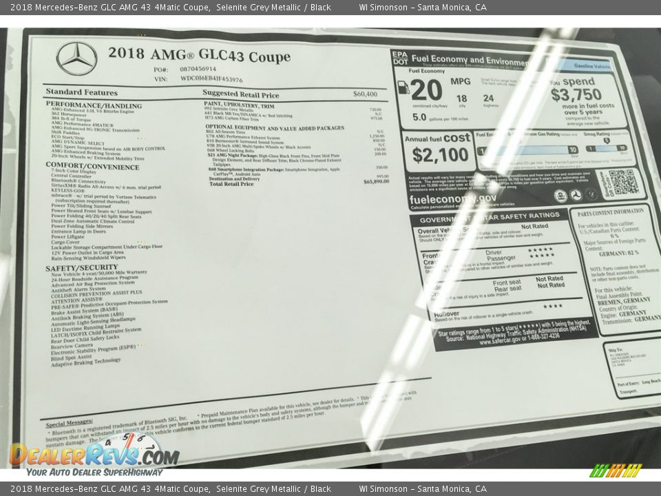 2018 Mercedes-Benz GLC AMG 43 4Matic Coupe Window Sticker Photo #26