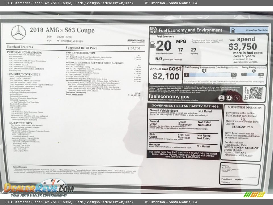 2018 Mercedes-Benz S AMG S63 Coupe Window Sticker Photo #26
