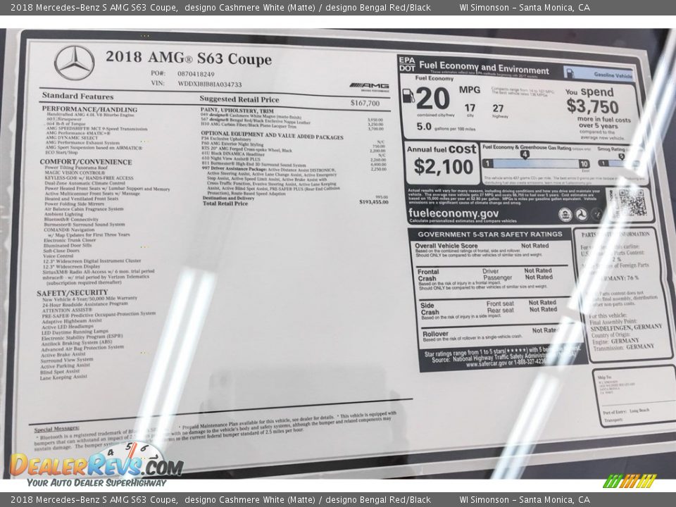 2018 Mercedes-Benz S AMG S63 Coupe Window Sticker Photo #26