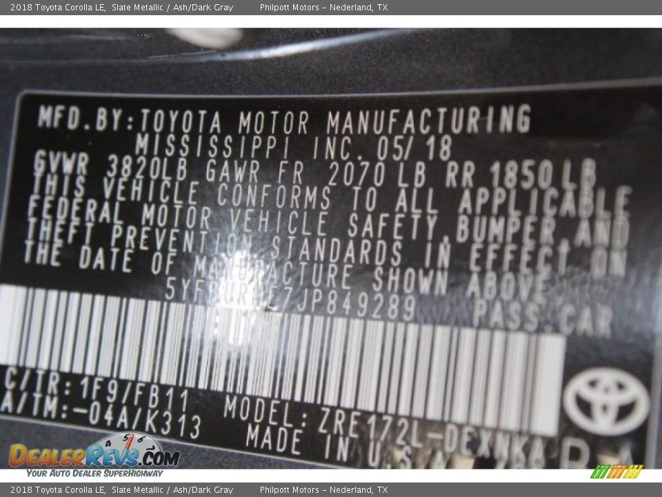 2018 Toyota Corolla LE Slate Metallic / Ash/Dark Gray Photo #33