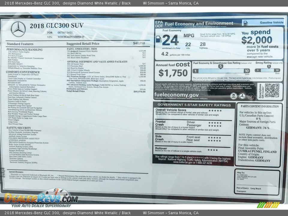 2018 Mercedes-Benz GLC 300 designo Diamond White Metallic / Black Photo #10