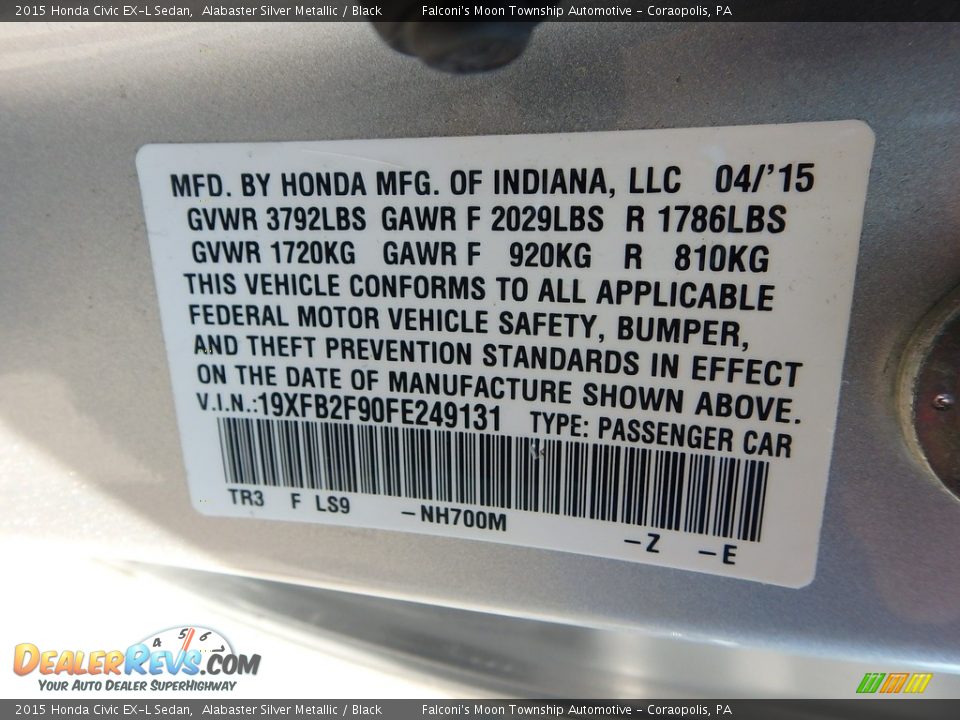 2015 Honda Civic EX-L Sedan Alabaster Silver Metallic / Black Photo #23