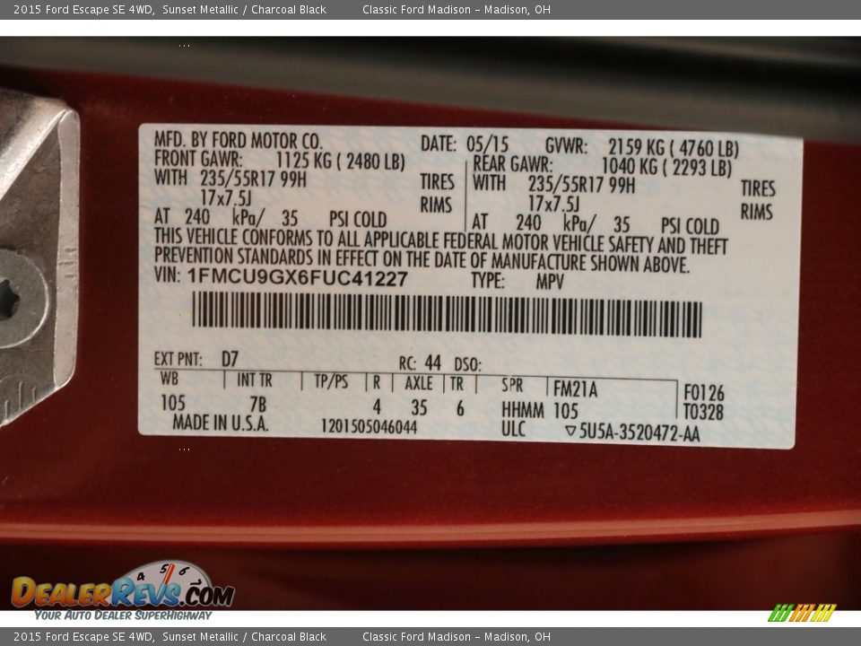 2015 Ford Escape SE 4WD Sunset Metallic / Charcoal Black Photo #17