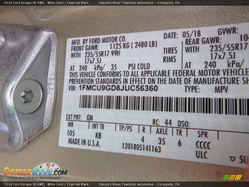 2018 Ford Escape SE 4WD White Gold / Charcoal Black Photo #12