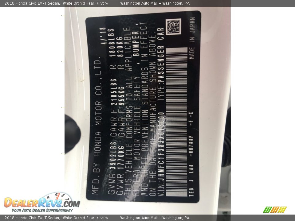 2018 Honda Civic EX-T Sedan White Orchid Pearl / Ivory Photo #27