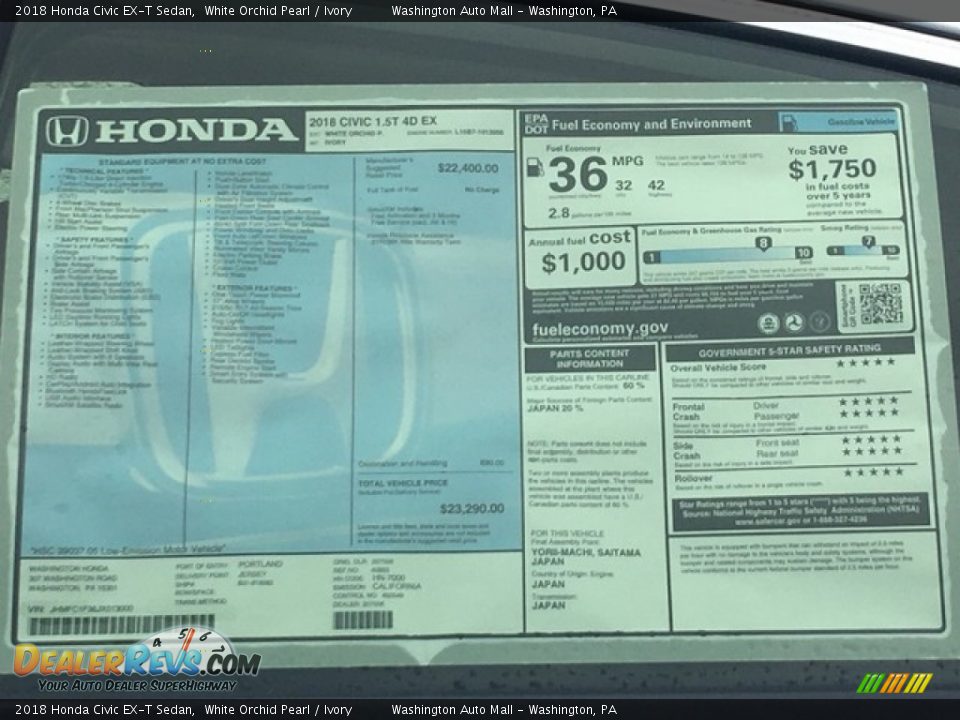 2018 Honda Civic EX-T Sedan White Orchid Pearl / Ivory Photo #29