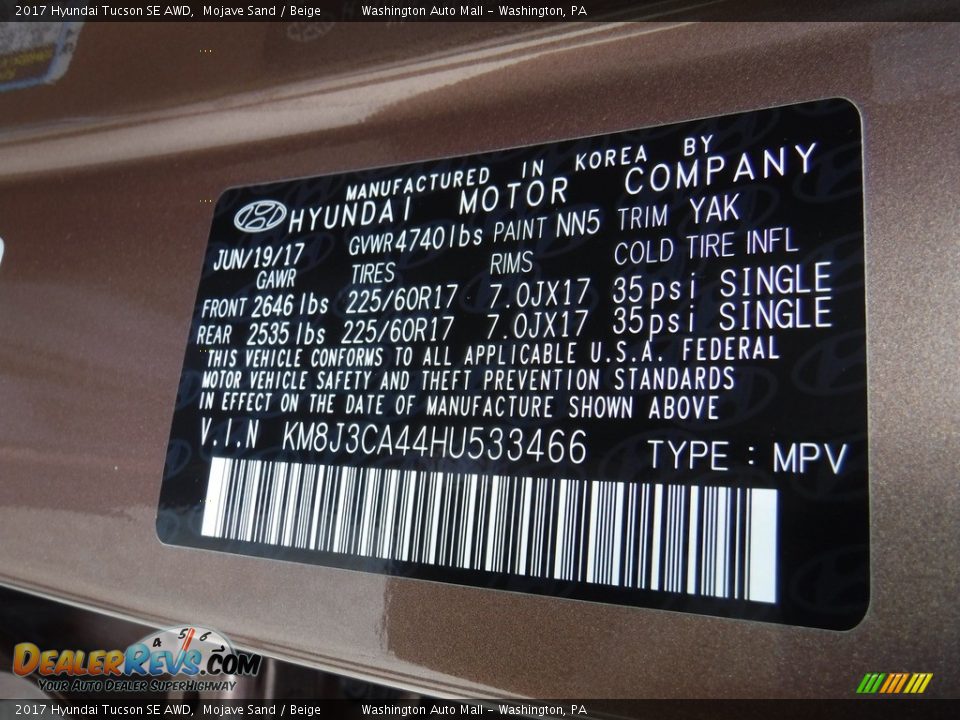 2017 Hyundai Tucson SE AWD Mojave Sand / Beige Photo #27