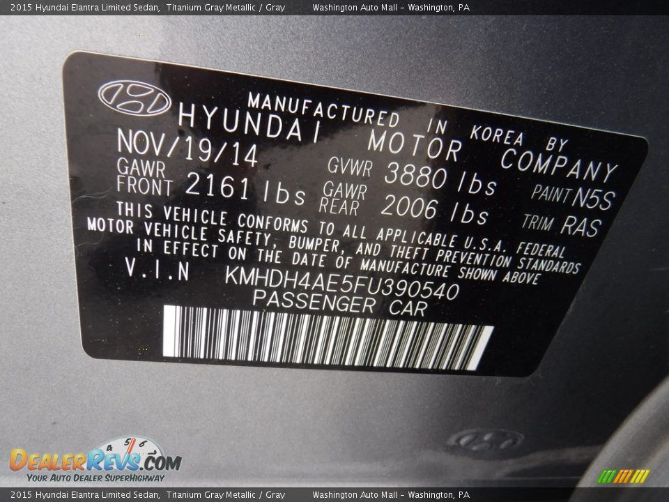 2015 Hyundai Elantra Limited Sedan Titanium Gray Metallic / Gray Photo #27