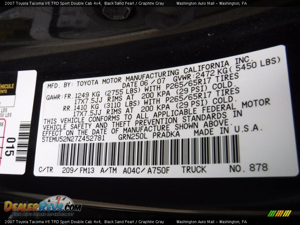 2007 Toyota Tacoma V6 TRD Sport Double Cab 4x4 Black Sand Pearl / Graphite Gray Photo #26