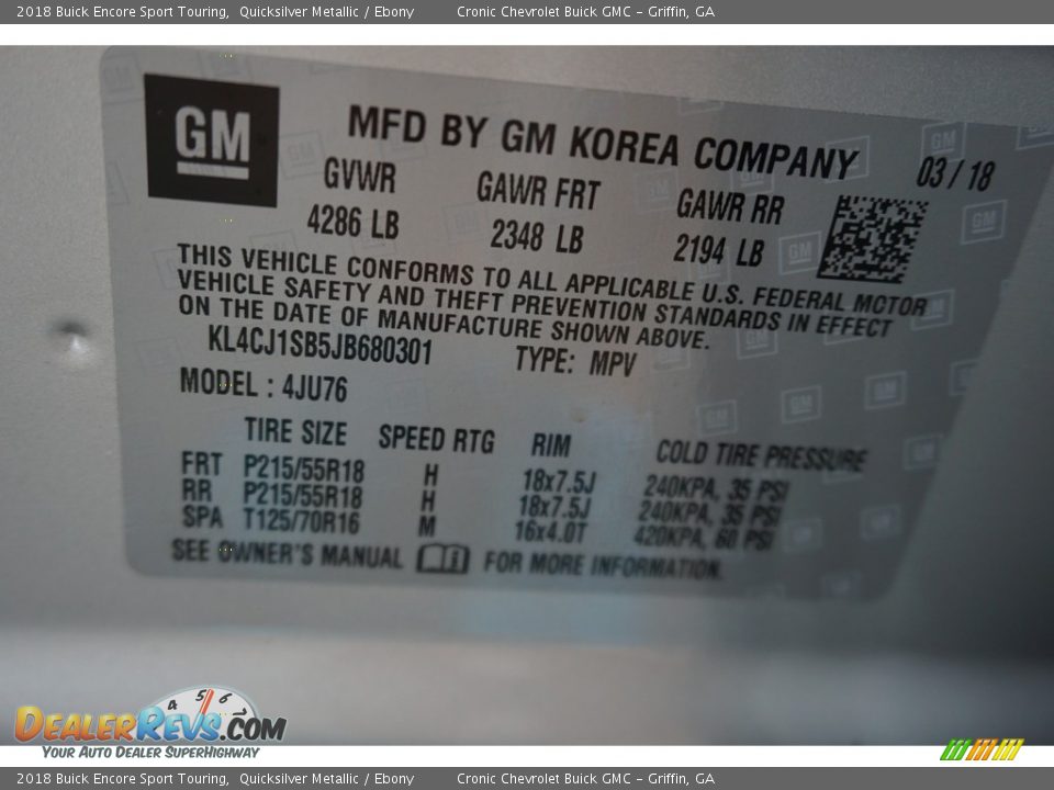 2018 Buick Encore Sport Touring Quicksilver Metallic / Ebony Photo #13