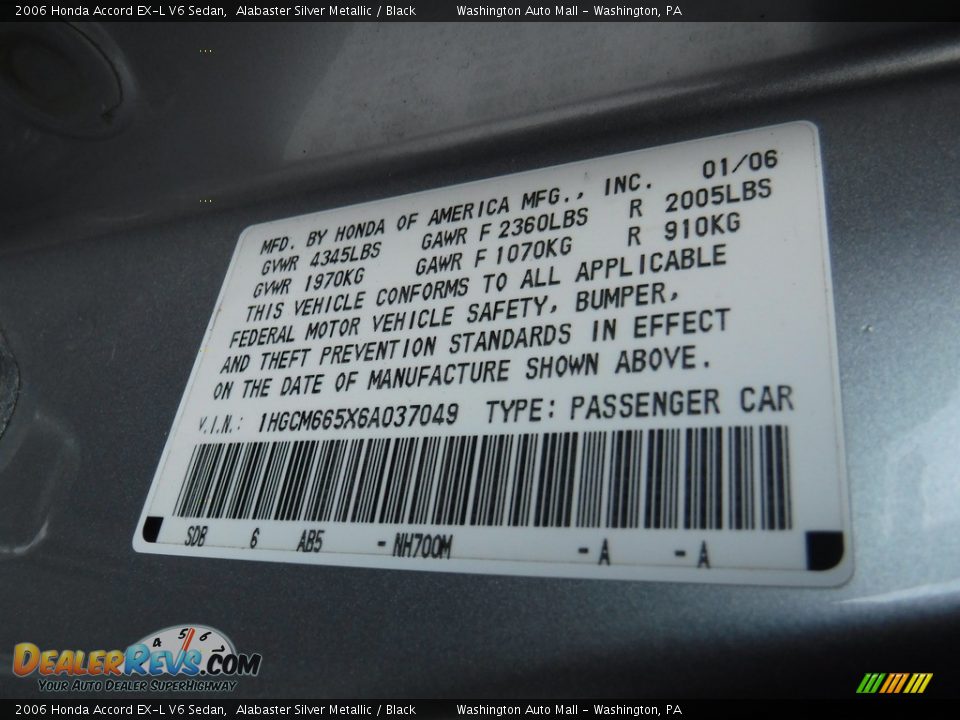 2006 Honda Accord EX-L V6 Sedan Alabaster Silver Metallic / Black Photo #24