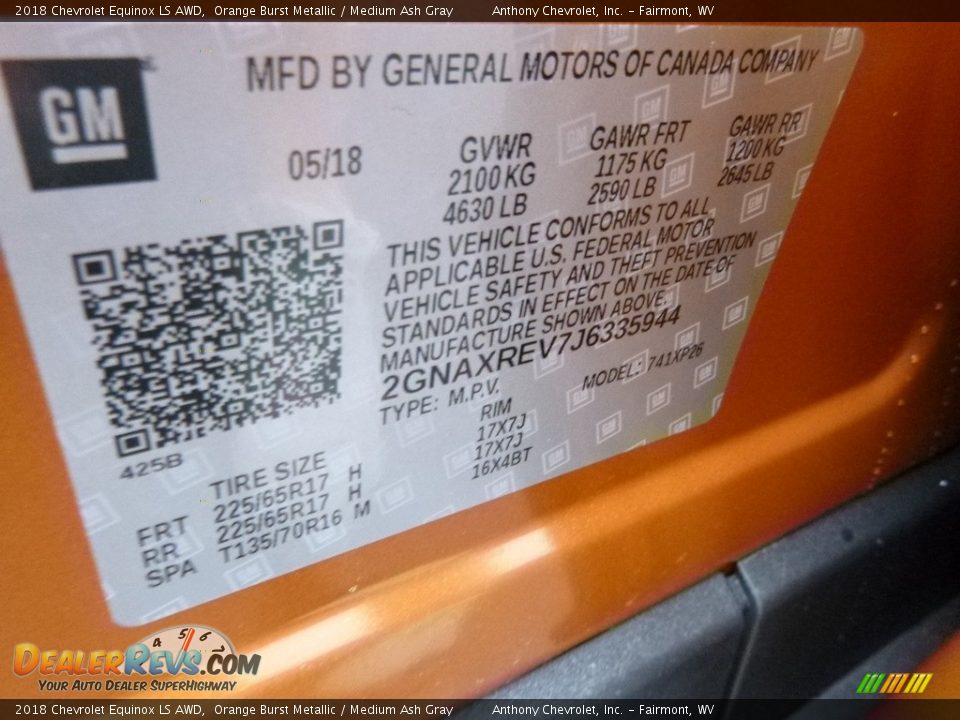 2018 Chevrolet Equinox LS AWD Orange Burst Metallic / Medium Ash Gray Photo #16