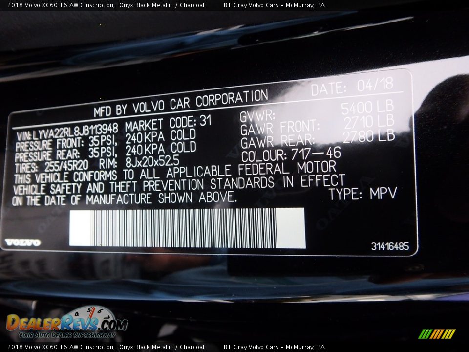 2018 Volvo XC60 T6 AWD Inscription Onyx Black Metallic / Charcoal Photo #11