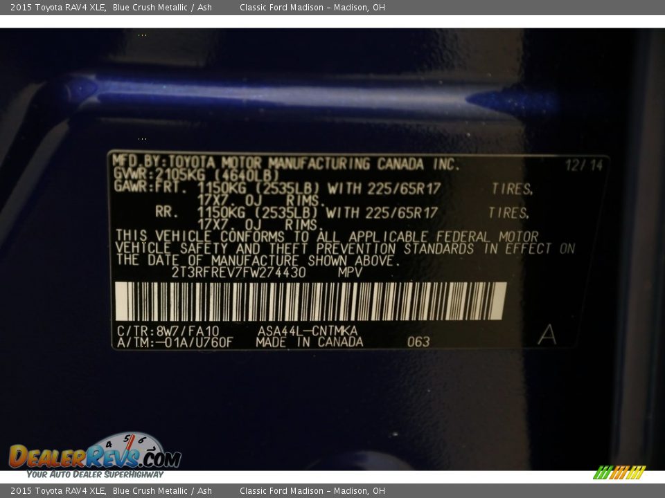 2015 Toyota RAV4 XLE Blue Crush Metallic / Ash Photo #16