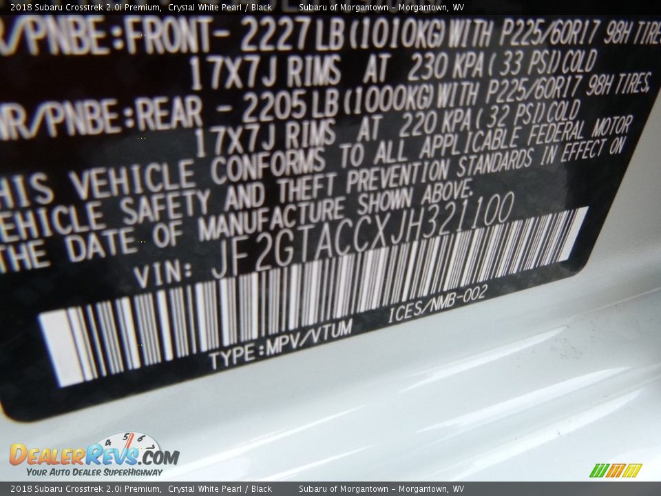 2018 Subaru Crosstrek 2.0i Premium Crystal White Pearl / Black Photo #15
