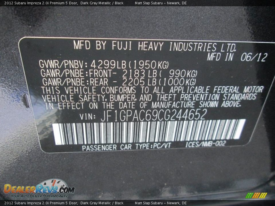 2012 Subaru Impreza 2.0i Premium 5 Door Dark Gray Metallic / Black Photo #29