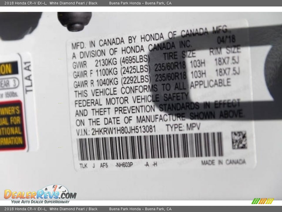 2018 Honda CR-V EX-L White Diamond Pearl / Black Photo #36