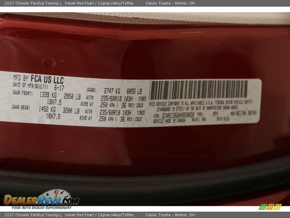 2017 Chrysler Pacifica Touring L Velvet Red Pearl / Cognac/Alloy/Toffee Photo #31