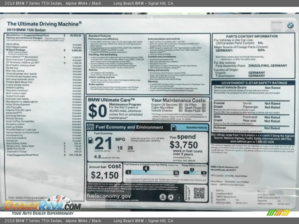 2019 BMW 7 Series 750i Sedan Alpine White / Black Photo #10