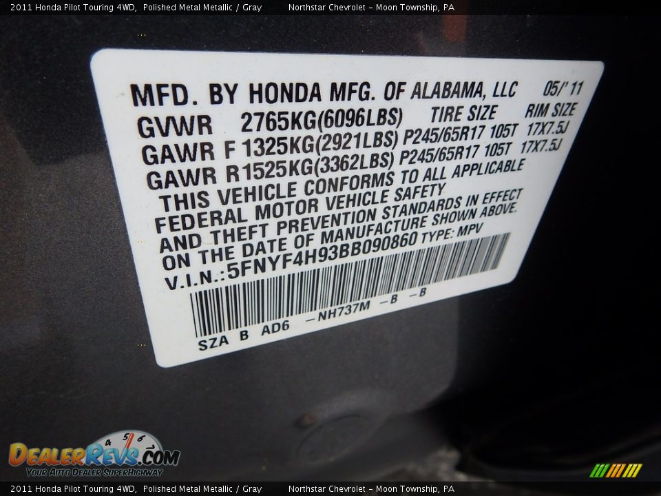 2011 Honda Pilot Touring 4WD Polished Metal Metallic / Gray Photo #28
