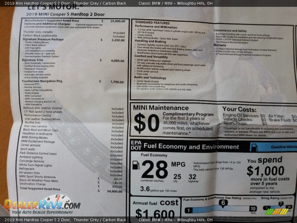 2019 Mini Hardtop Cooper S 2 Door Window Sticker Photo #9